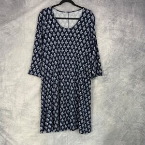 Garnet Hill Seamed knit trapeze dress Navy Floral Long Sleeve sz XL stretchy